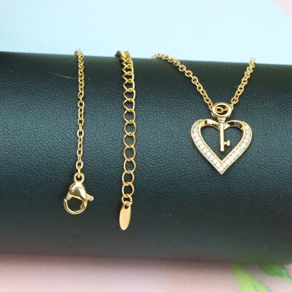 "Rose Gold Heart Necklace with Key Charm and Crystal Accents, XPNL1882 - Picture 6 of 12
